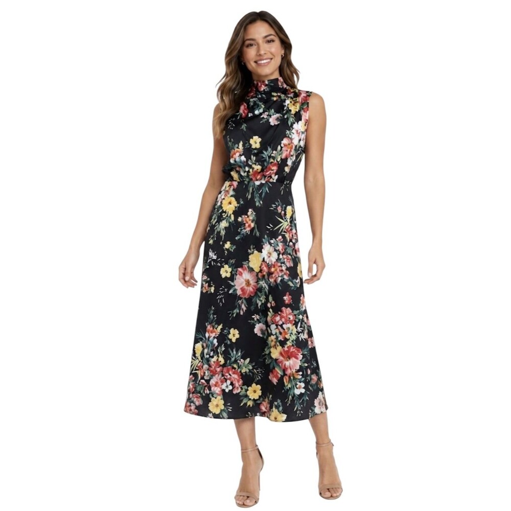 Maurices Black Floral Funnel Neck Satin Midi Dress Size Medium
